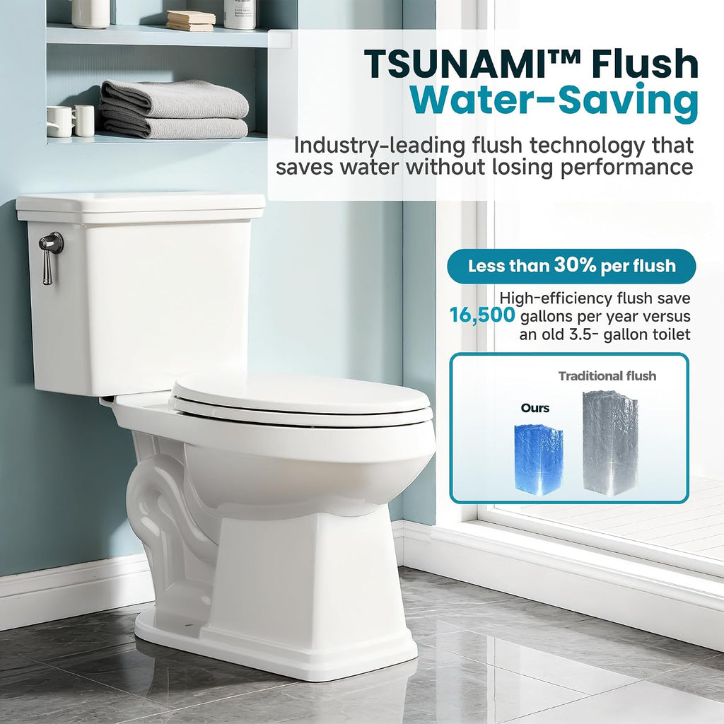 ABath 17' ADA Height Toilet Elongated with Soft Close Seat & 360° TSUNAMI Flush 1.28 GPF, WaterSense/1000g Map Certified, NANO CLEAN Ceramic, Two Piece Modern Toilets for Small Bathrooms, 12' Rough in
