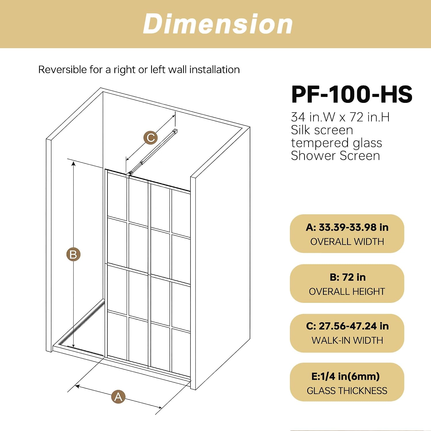 Framed Glass Shower Screen 34' Width x 72' Height with 1,4' 6mm Silk Printing Tempered Glass, Matte Black Aluminum and Support bar, Shower Door