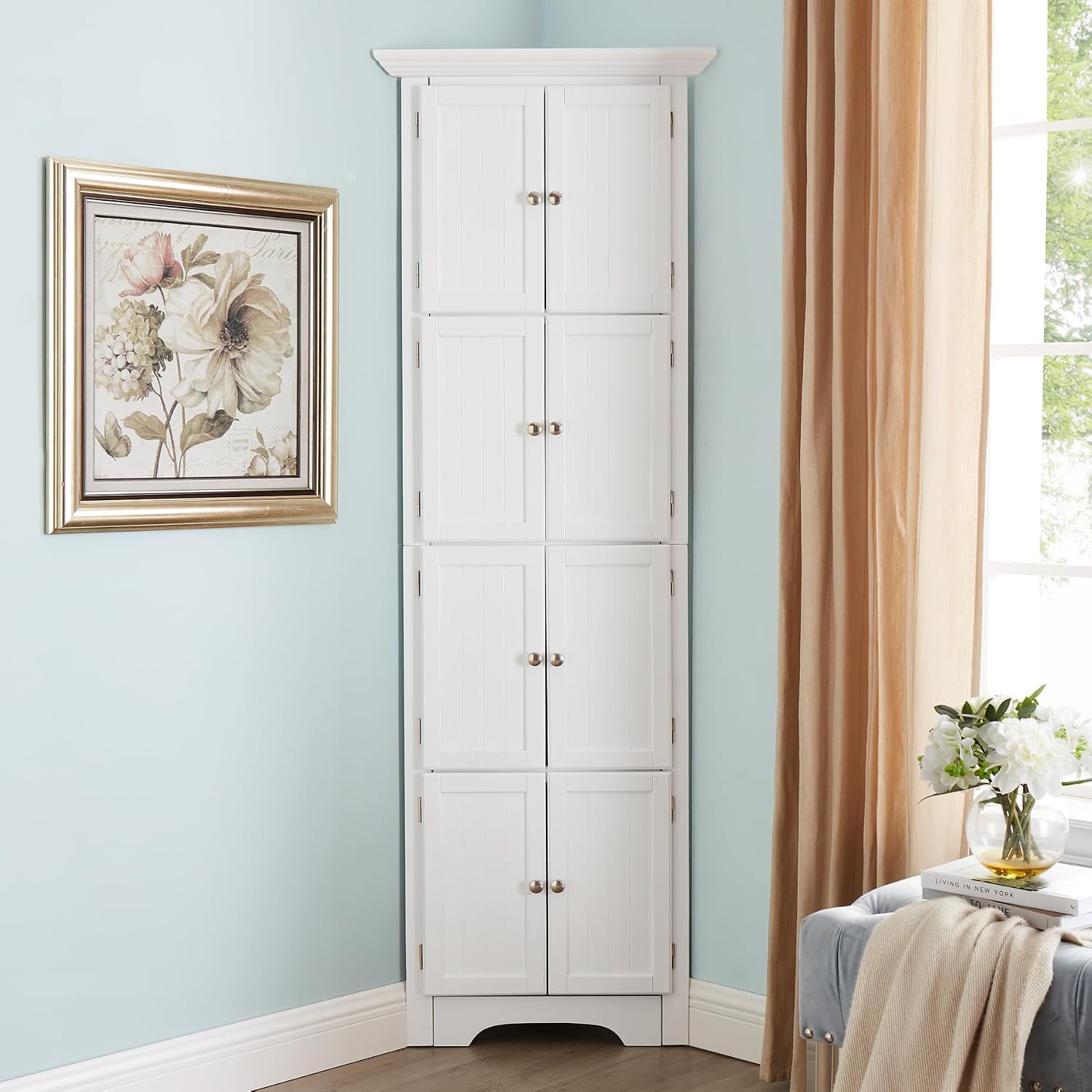 72' Tall Corner Storage Cabinet with Doors and 4 Shelves, Free Standing Corner Hutch Cabinet Kitchen Pantry Storage Cabinet Bookshelf Cabinet for Kitchen Living Room Bedroom (White)