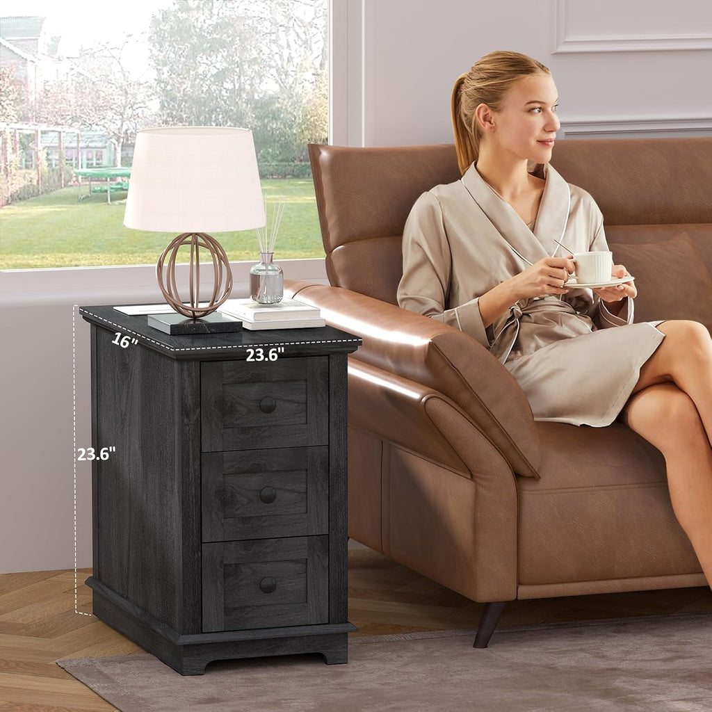 HIFYOBRO 3 Drawer Flip Top End Table with Charging Station, Narrow Wooden Side Table with Storage, Multifunctional Nightstand for Living Room & Bedroom
