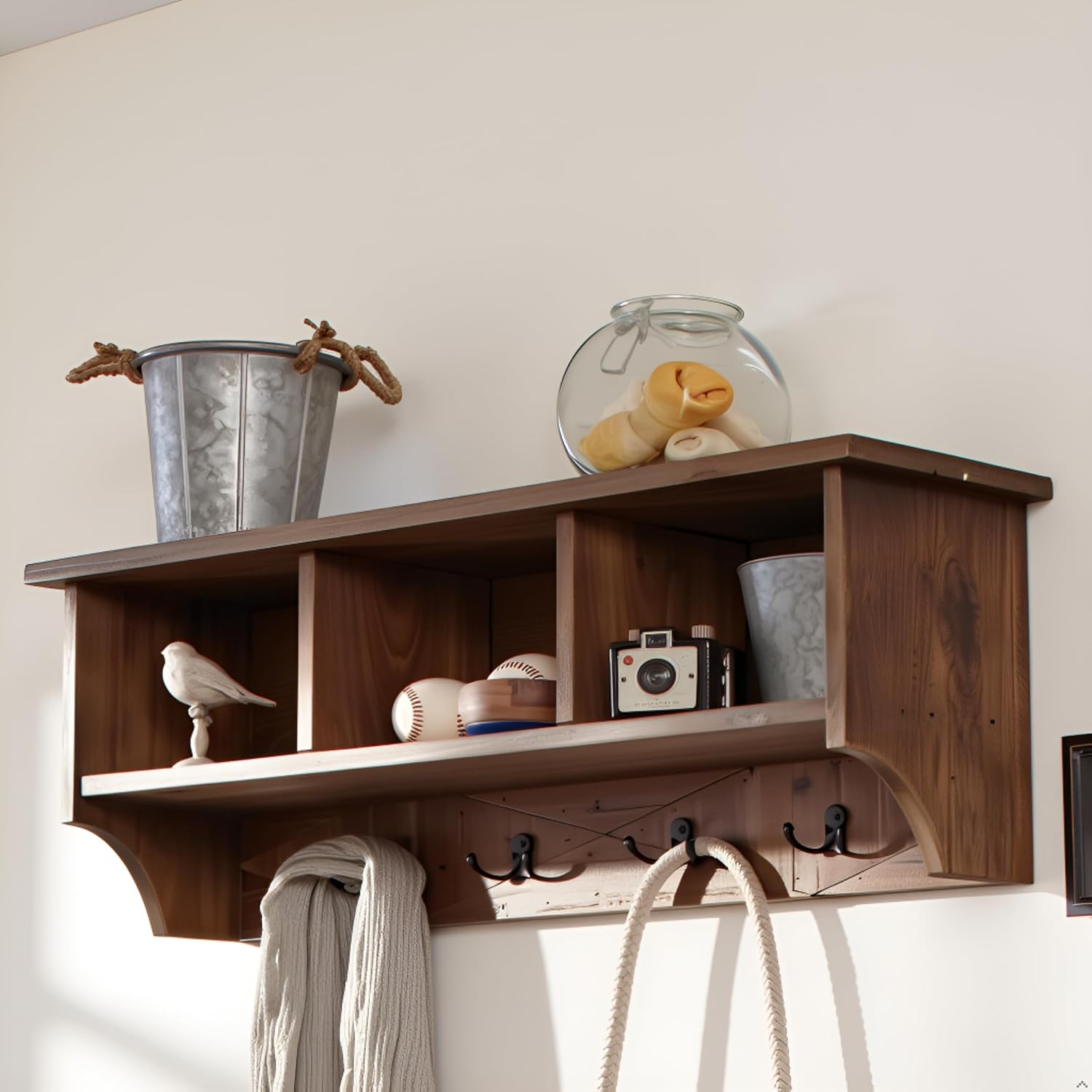 Renew Solid Wood Wall Mounted Coat Hook, Storage, 3 Cubbies, 4 Double Hooks, Natural Brown Finish, Easy Installation, French Cleat, Ideal for Entryway Organization, 36 in. W x 9 in. D x 14 in. H