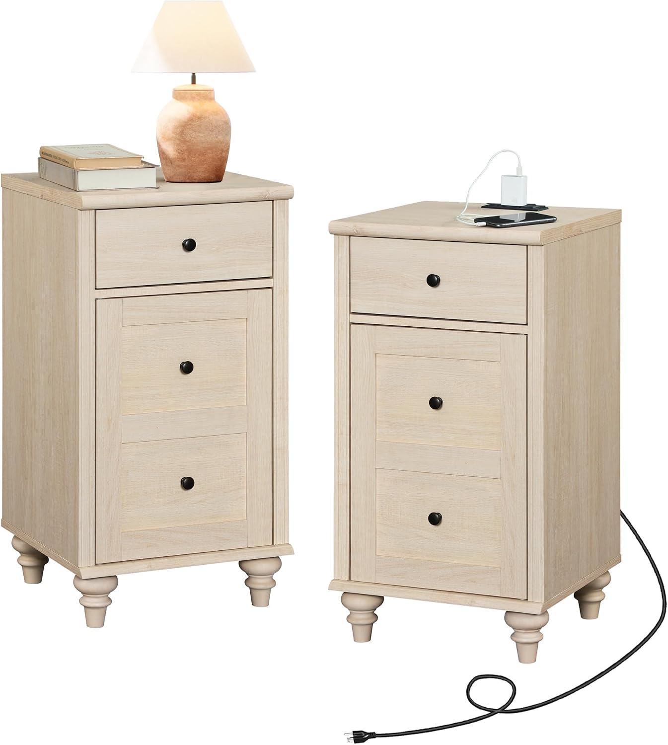 WAMPAT Nightstands with Charging Station, Set of 2 End Table with Power Outlets & USB Ports for Living Room, Modern Side Table with Drawer and Storage Cabinet for Bedroom, Beige