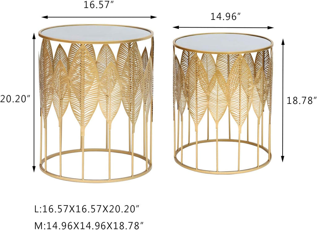 Homebeez Gold Nesting Tables Set of 2, Glam Leaf Design Round End Table with Stainless Steel Top for Living Room & Bedroom, No Assembly Required