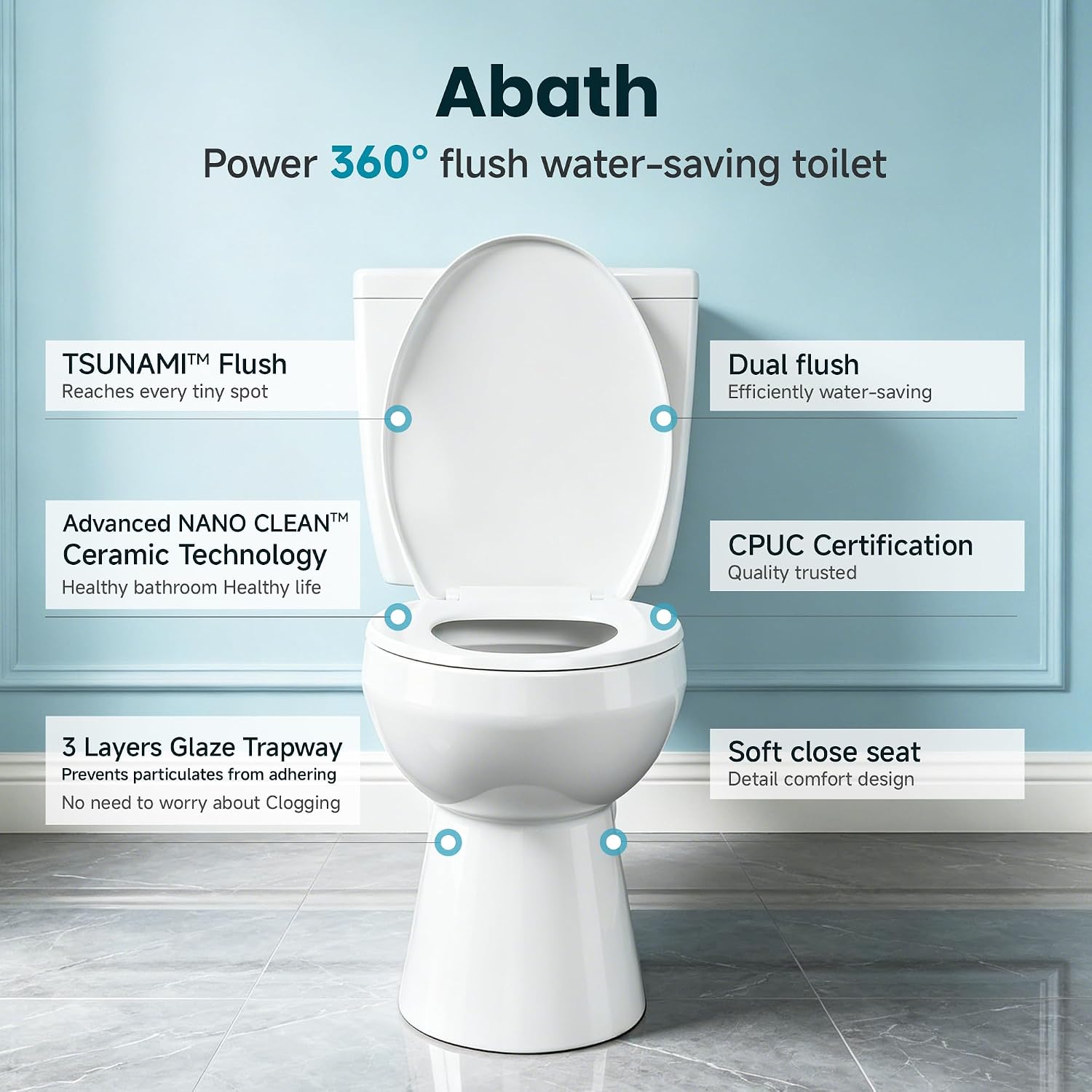 ABath 17.5' Tall Toilet Elongated with Soft Close Seat & 360° TSUNAMI Flush 0.9/1.27 GPF, WaterSense/1000g Map Certified, NANO CLEAN Ceramic, Two Piece Compact Toilets for Small Bathroom, 12' Rough in