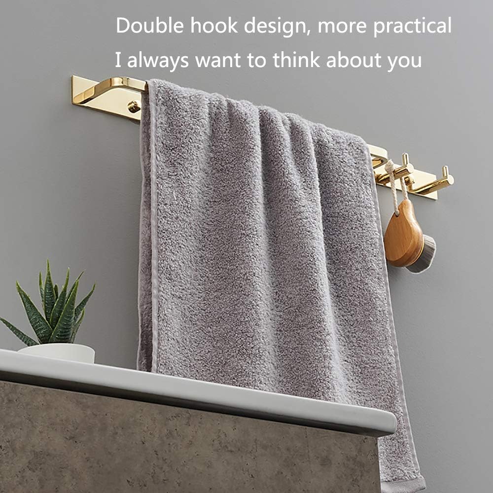 Towel Bar Towel Rail with 2 Hooks Heavy Duty Brass Towel Rack Wall Mounted Towel Holder Double Rod Storage Rack for Bathroom Kitchen Toilet,Black Gold,Black Gold