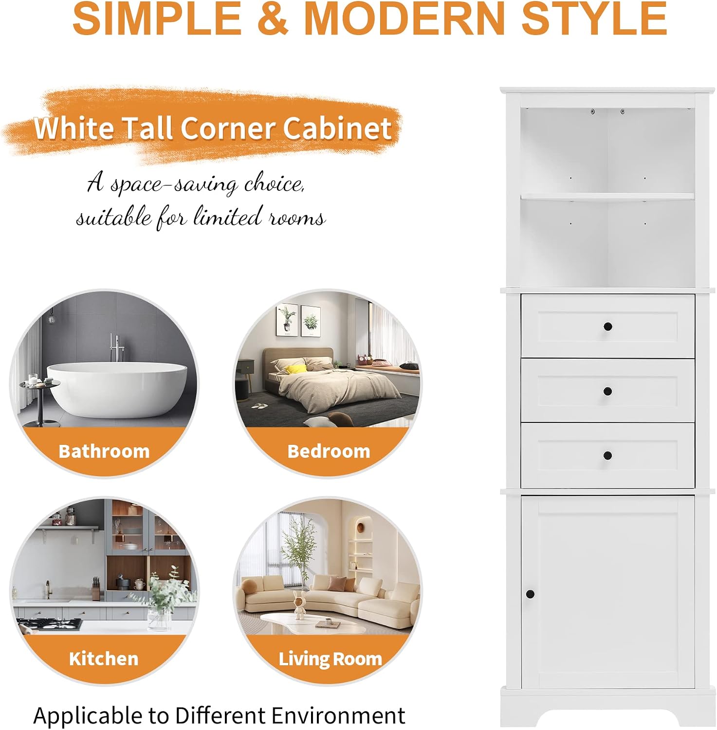 Corner Storage Cabinet with Adjustable Shelves, 68.9 in Tall | MDF, painted finish, adjustable shelves, corner fit, enclosed storage, bathroom, kitchen, 23 W x 13.4 D x 68.9 H in
