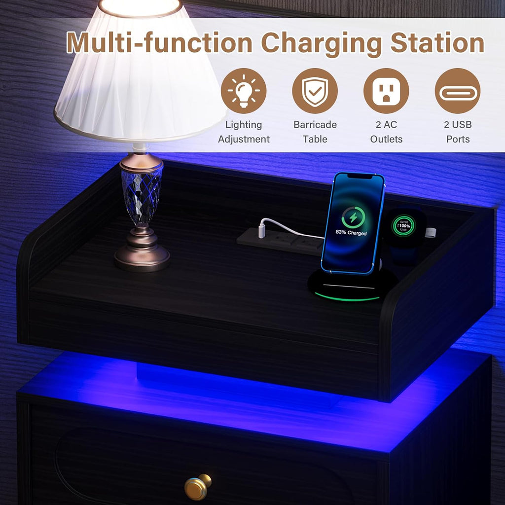 4ever2buy Black Nightstand Set of 2 with Adjustable LED Lights and Charging Station Modern Bedside Tables with 2 Drawers End Tables for Bedroom