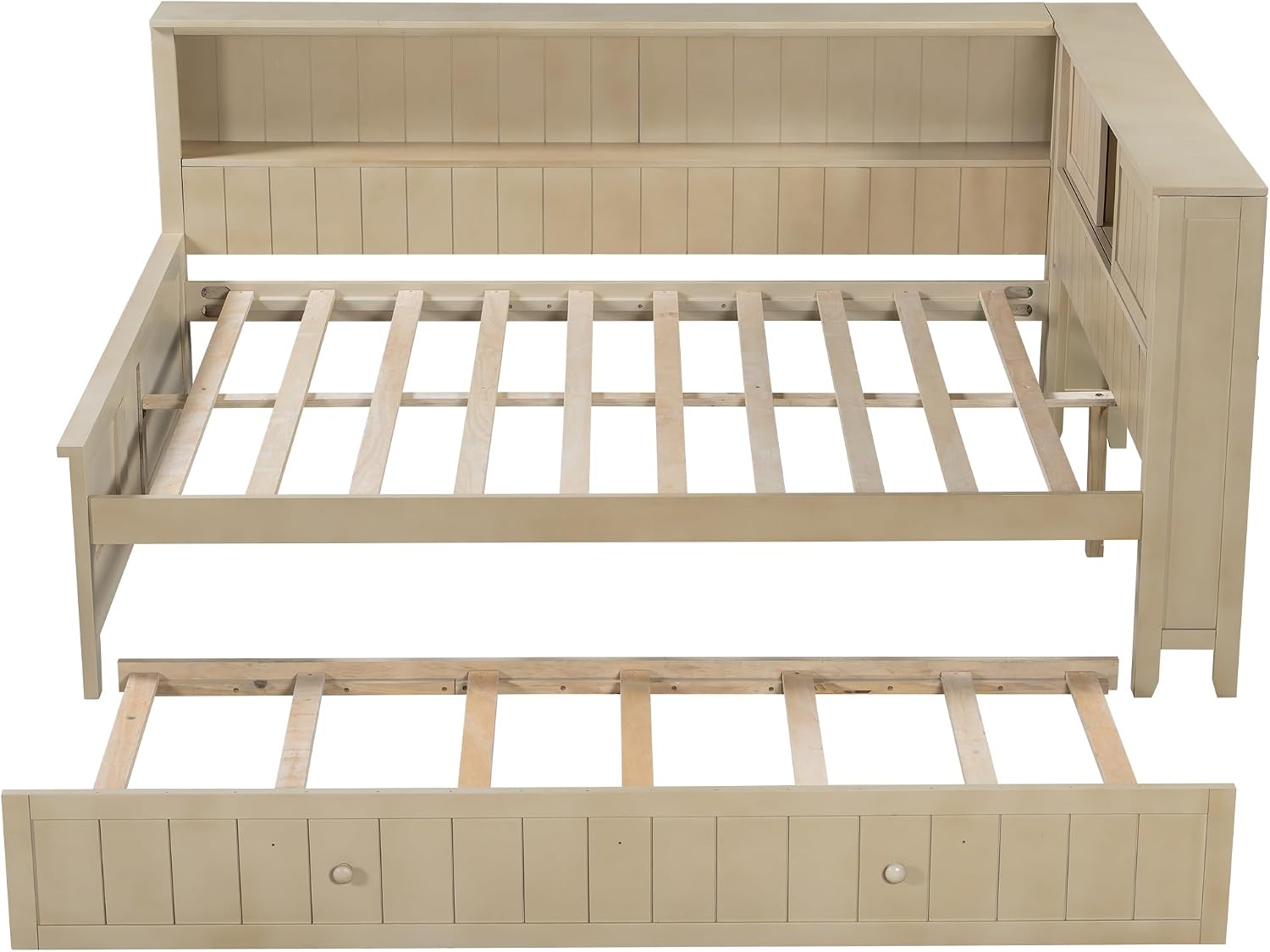 MERITLINE Full Size L-Shaped Daybed with Storage Shelf and Trundle, Wood Corner Bed with Headboard for Bedroom Living Room, Space Saving, Antique White Milk