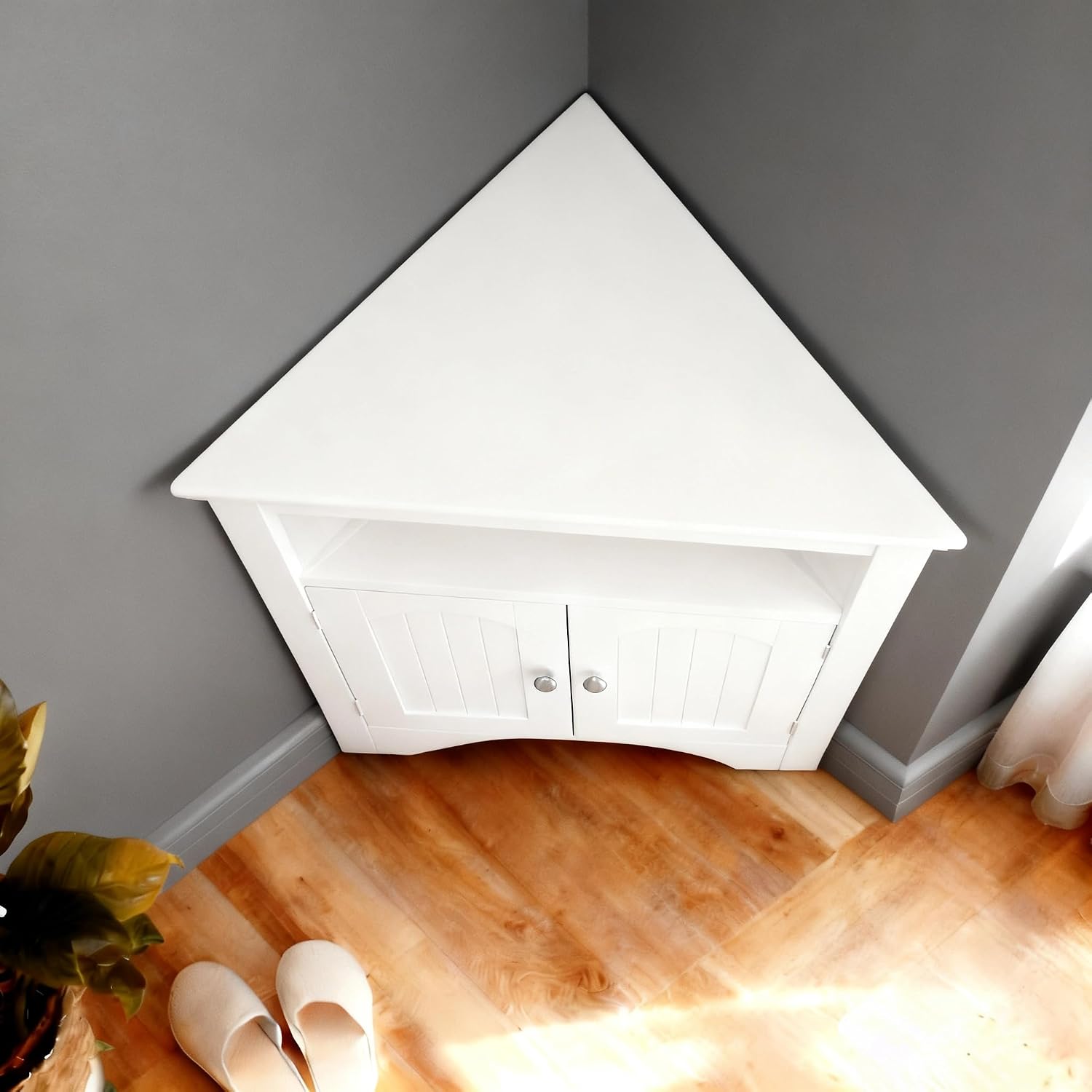 Corner Storage Cabinet Classic White, Modern Freestanding Floor Cabinet with 2 Doors, Open Top Shelf & Adjustable Interior Shelf for Bathroom, Living Room & Kitchen