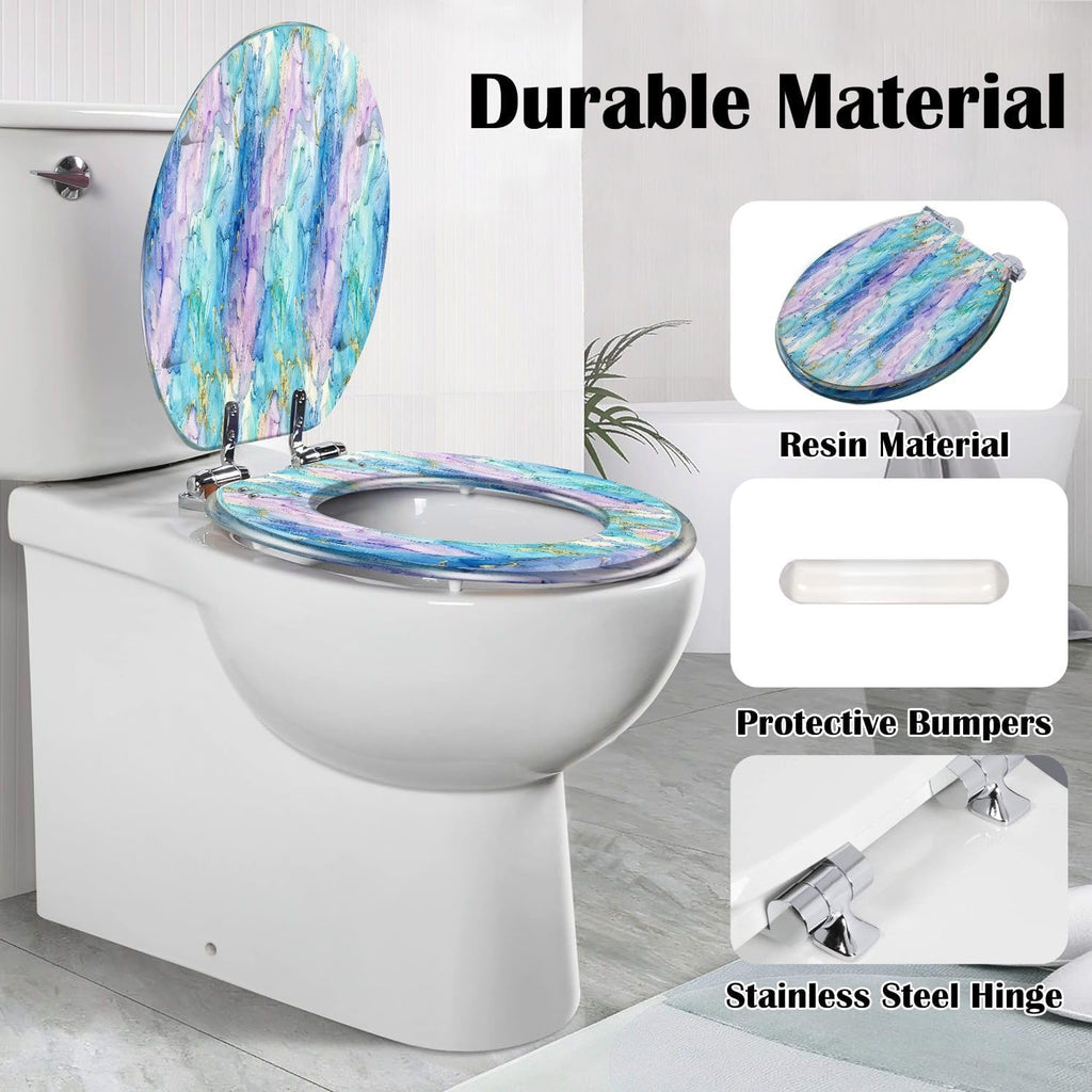 Elongated Toilet Seat Marble Pink Water Color Blue Ink Paint Purple Ink Watercolor Green Resin Toilet Seat Slow Quiet Close Lid with Quick-Release Hinges Cover Bumpers Easy to Clean Install