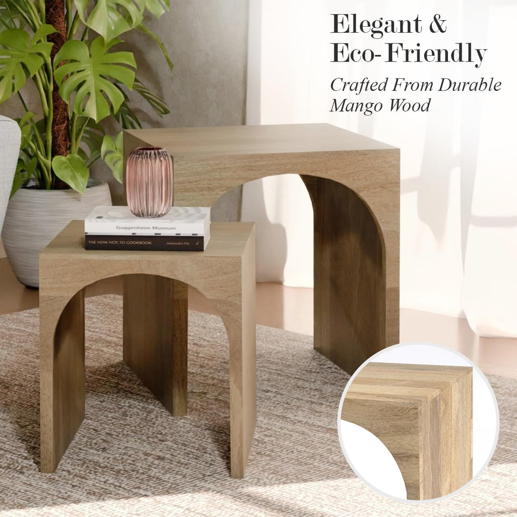 Relso Arch Duo Solid Mango Wood Nesting Tables for Living Room Set of 2 | Stylish Sustainable Design Nesting Side Tables | Unique Arched Cutouts Nesting Stools | Mid Century Nesting Tables