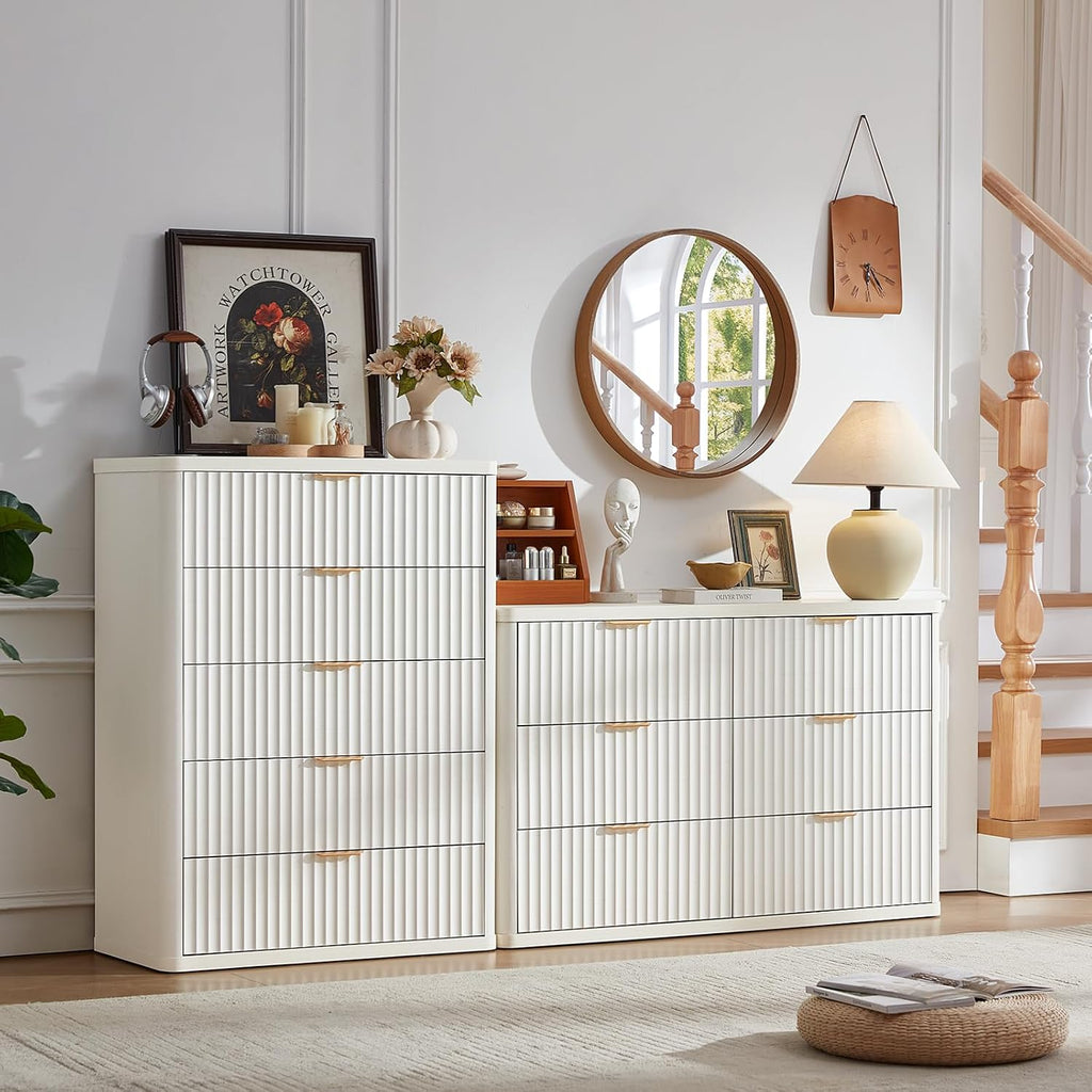 LEYAOYAO Fluted 5 Drawers Dresser for Bedroom, 41' Tall Modern Chest of Drawers with Metal Handle, Curved Profile Farmhouse Closet Organizer Wood Dressers TV Stand for Living Room,Antique White