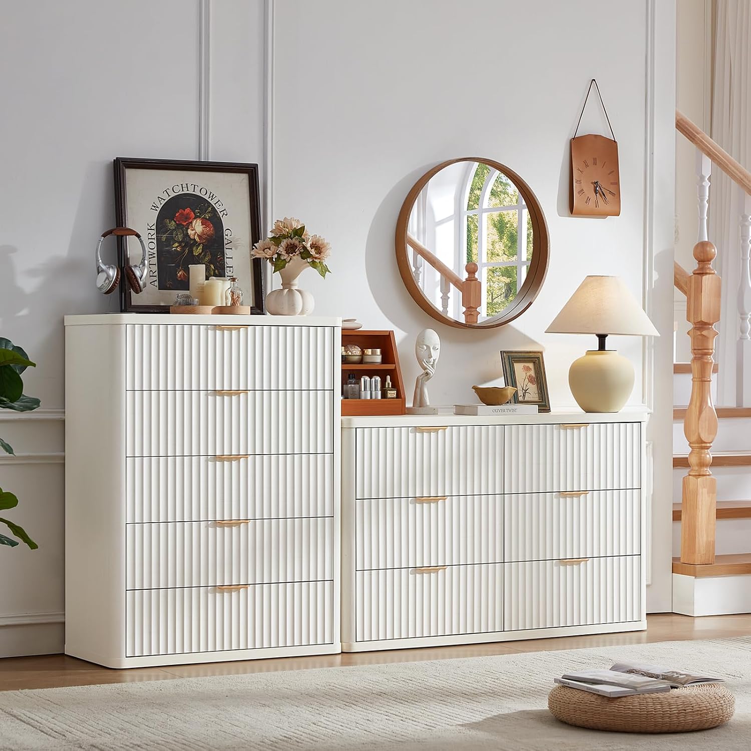 LEYAOYAO Fluted 5 Drawers Dresser for Bedroom, 41' Tall Modern Chest of Drawers with Metal Handle, Curved Profile Farmhouse Closet Organizer Wood Dressers TV Stand for Living Room,Antique White
