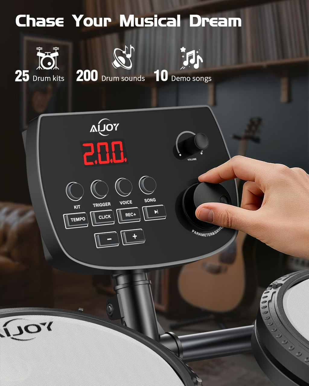 AiJoy Electronic Drum Set for Adults & Beginners, Quiet Mesh Pads with 5 Drums & 3 Cymbals, Dual-Zone Snare, USB MIDI, Sound Module, Drum Throne, Headphones, Sticks, 25 Kits & 195 Sounds