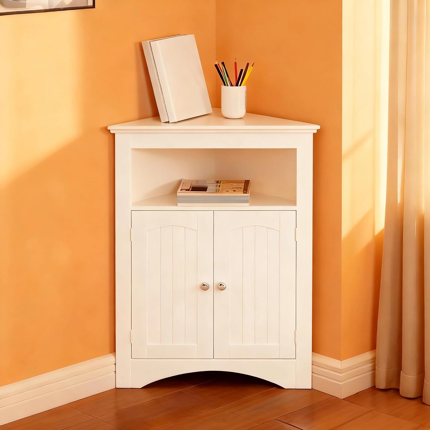 Corner Storage Cabinet Classic White, Modern Freestanding Floor Cabinet with 2 Doors, Open Top Shelf & Adjustable Interior Shelf for Bathroom, Living Room & Kitchen