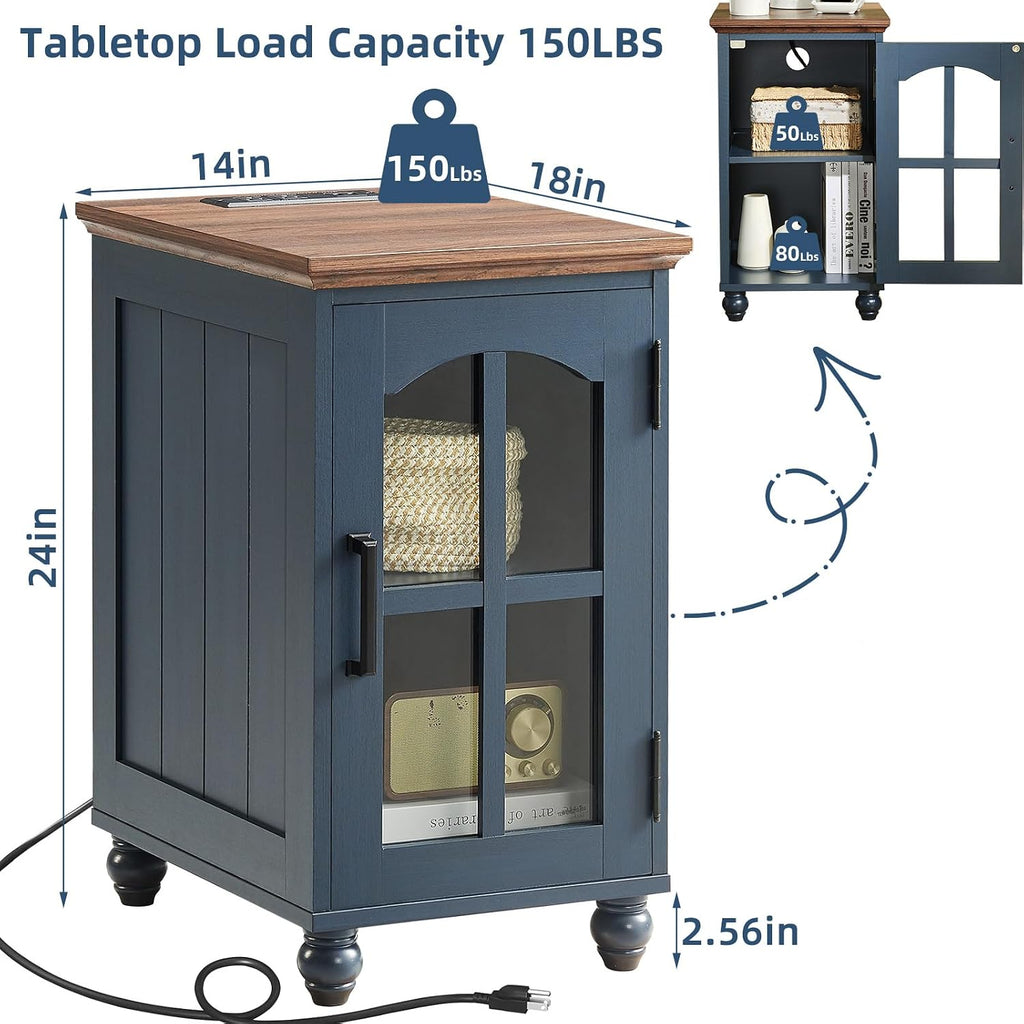 RWYHG Farmhouse End Table Set of 3 with Charging Station, 18'' Narrow Side Table and 24' Large Sofa Side Table with Glass Barn Door Storage, Wood Night Stand Bedside Table for Living Room,Bedroom