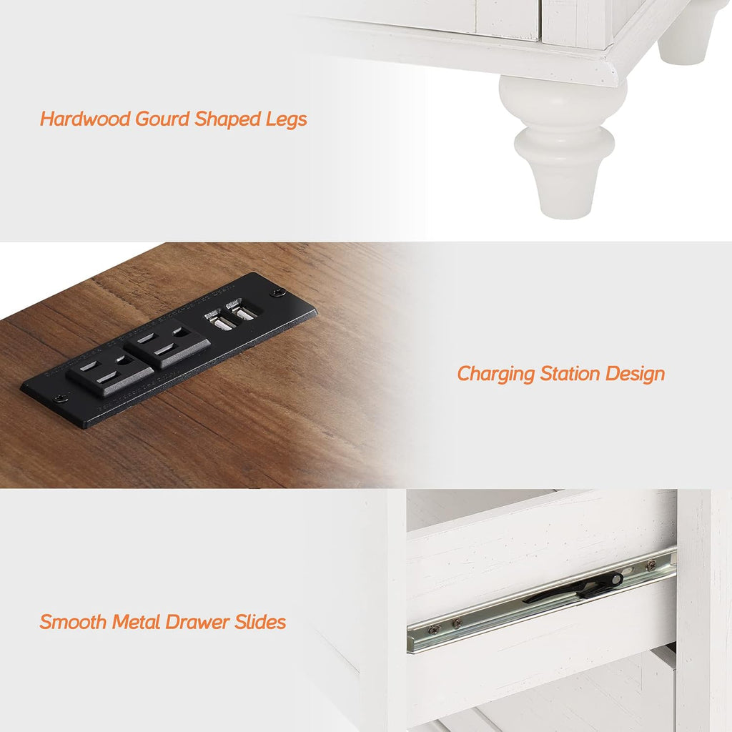 WAMPAT White End Table with Charging Station, Nightstand with Power Outlets & USB Ports, Modern Side Table with Drawer and Storage Cabinet for Bedroom (2PCS)