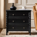 HULALA HOME Solid Wood End Table with Bamboo-Inspired Frame, 28' Wide Endtable with Charging Station, 3 Drawer Side Table for Living Room, Black