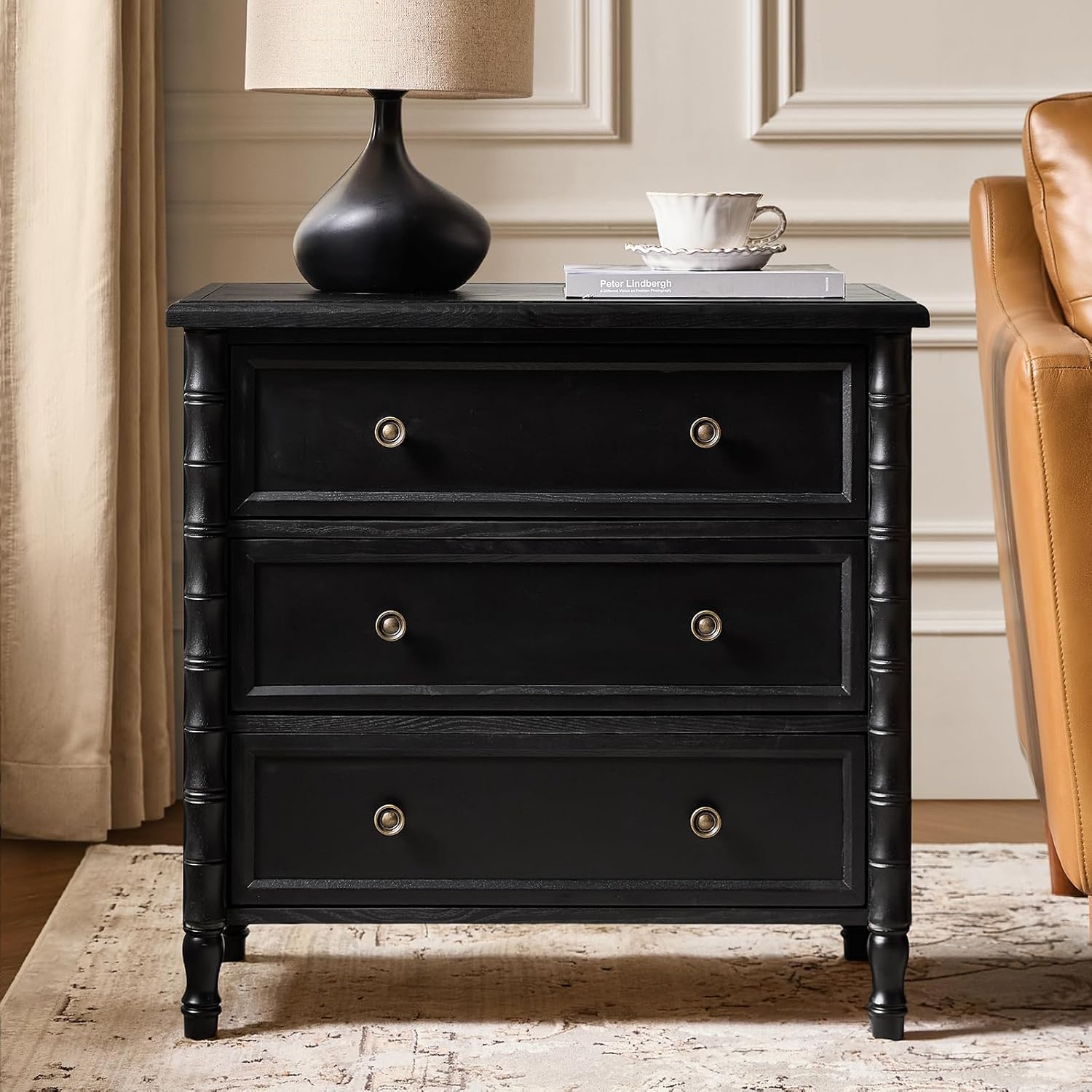 HULALA HOME Solid Wood End Table with Bamboo-Inspired Frame, 28' Wide Endtable with Charging Station, 3 Drawer Side Table for Living Room, Black