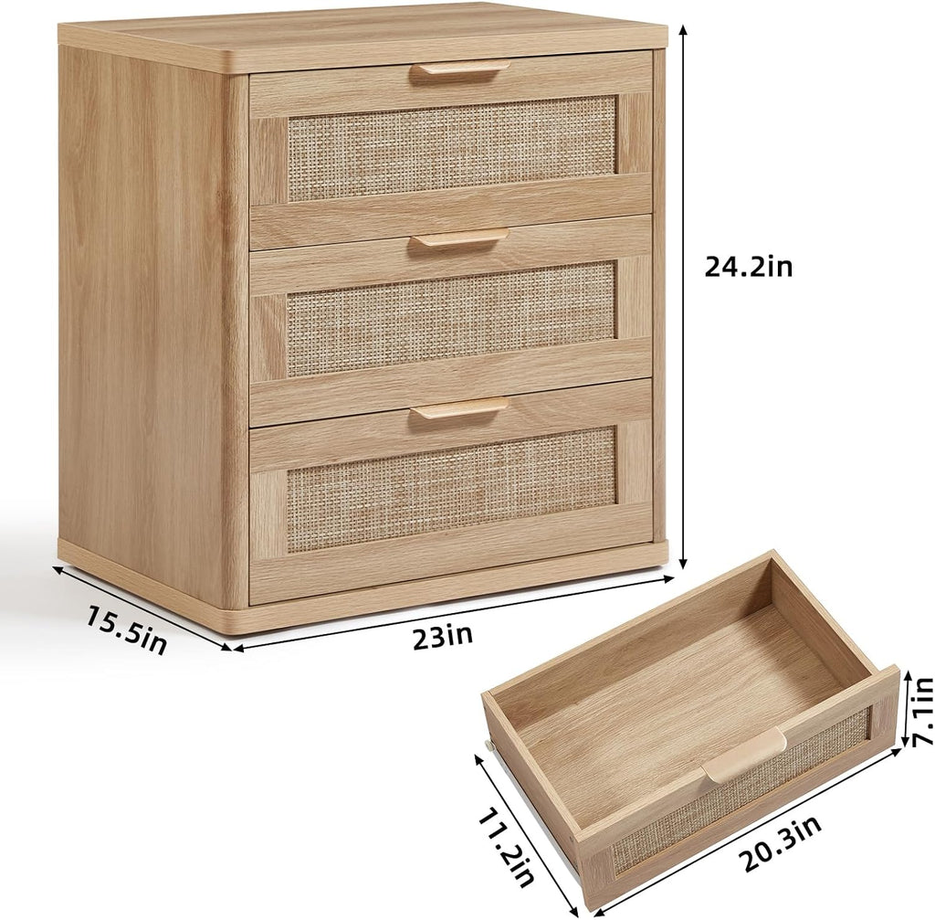 LEYAOYAO Rattan Night Stand Set of 2 with Drawers, 23' Large 3 Drawer Boho Nightstand, Natural Wood Bedside Table Storage Cabinet, Bed Side End Tables Dresser for Bedroom, Living Room, Hallway, Closet