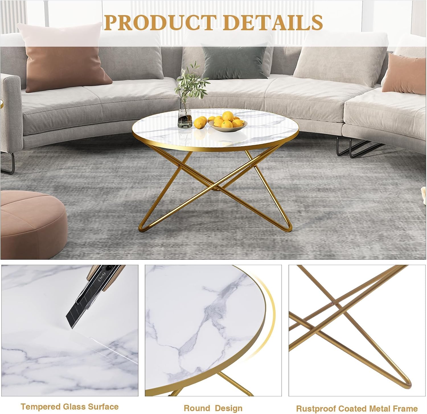 HLR Modern Round Coffee Table and Side Table Set of 3,End Table with Faux Marble Top and Gold Metal Frame, Side Table for Living Room, Bedroom, Sofa and Couch, Gold Legs, White Marble Top