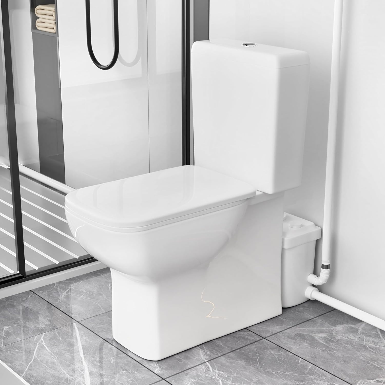 SouNor One Piece Elongated Toilet 450 Watt for Small Basement, Dual Flush 1.1/1.6 GPF, 4 Inlets for Bathroom Basement Power Flush, White.