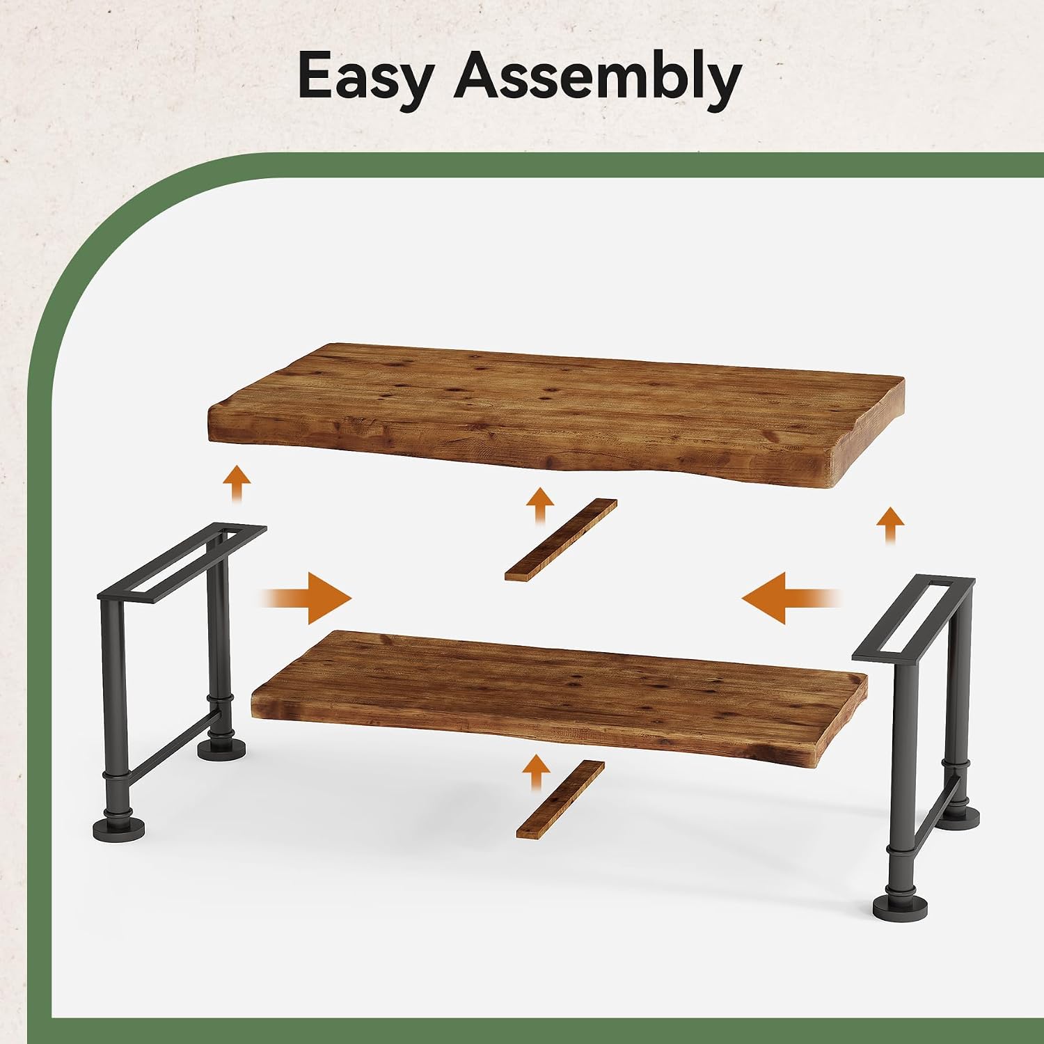 47' Coffee Table, Farmhouse Solid Wood Accent Center Table with 2-Tier Live Edge Shelf & Metal Legs, Rectangular Low Cocktail Tea Furniture for Living Room, Lounge, Brown and Black