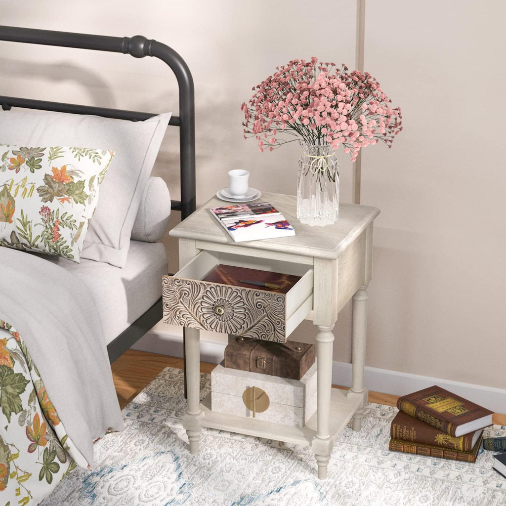 SUNBURY Vintage Nightstand Set of 2, Wood Small Bedside Table with Drawer and Open Shelf, Shabby Accent End Side Table for Living Room, Bedroom
