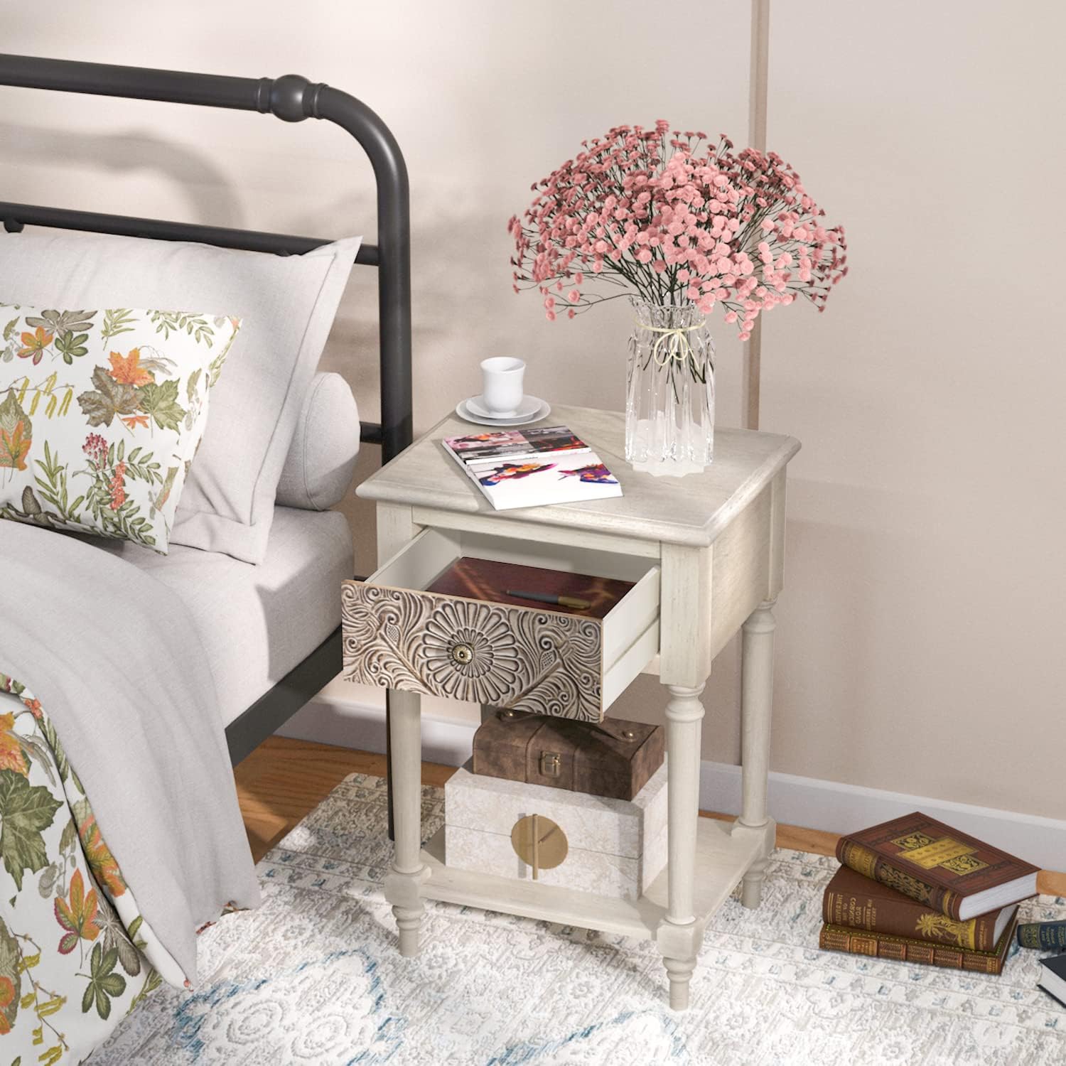 SUNBURY Vintage Nightstand Set of 2, Wood Small Bedside Table with Drawer and Open Shelf, Shabby Accent End Side Table for Living Room, Bedroom