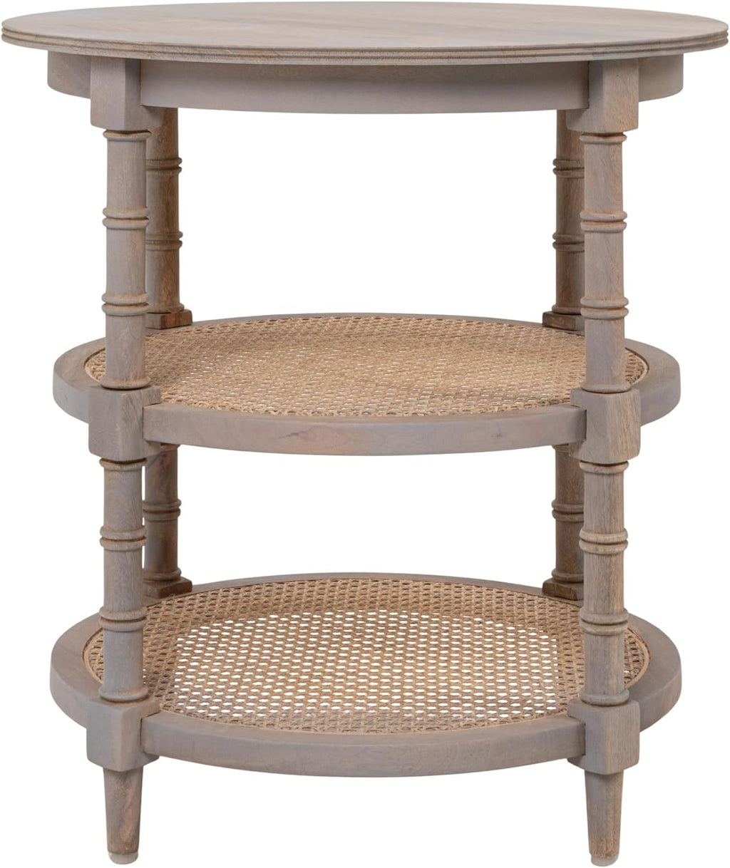 Creative Co-Op Round Solid Wood End Table with 2 Woven Cane Shelves, Grey Washed