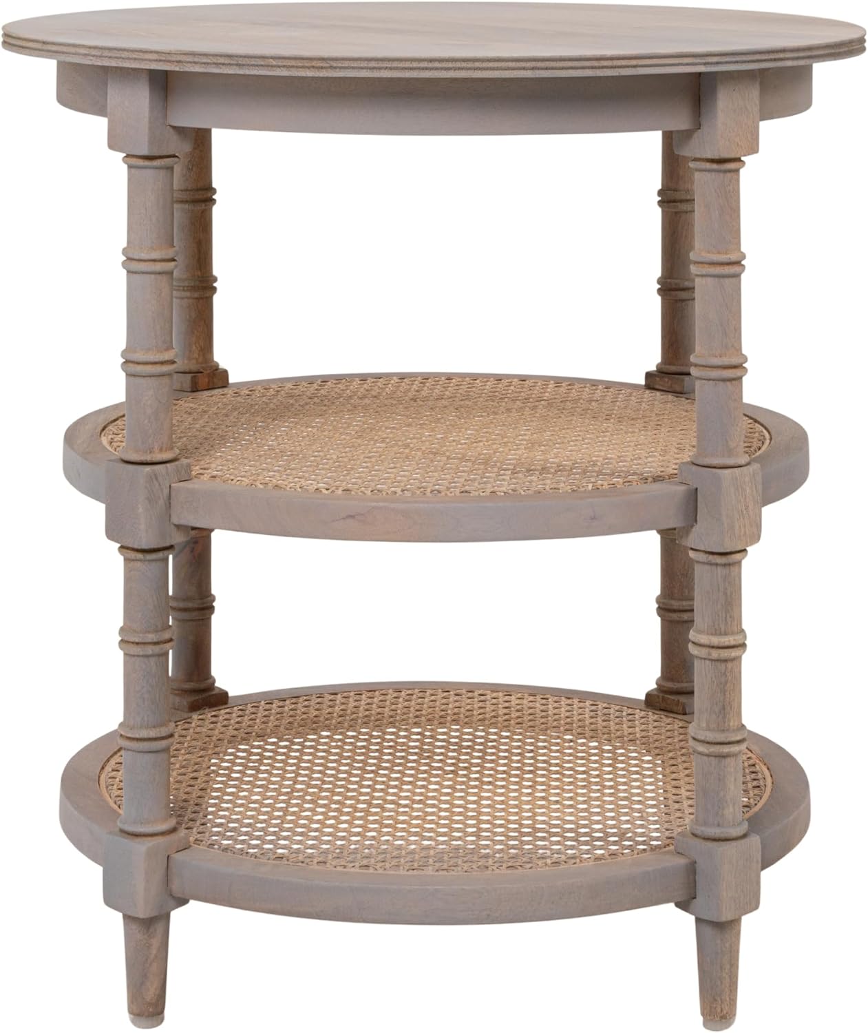 Creative Co-Op Round Solid Wood End Table with 2 Woven Cane Shelves, Grey Washed