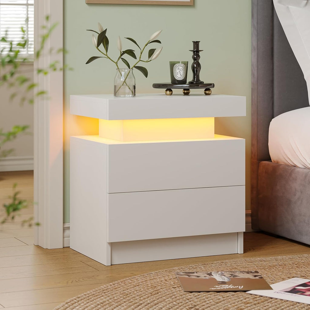 Cubehom Nightstands Set of 2, Bedside Tables with LED Lights, Night Stands with 2 Wood Drawers, End Tables Set of 2 for Living Room/Bedroom