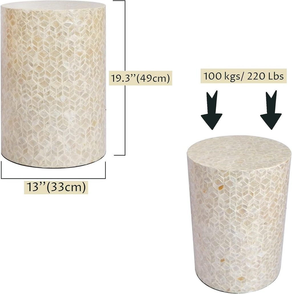 PEMAR Capiz Shell Cylinder Drum End Table Nacre Side Table Stool Round Drum Accent Coffee Bedside Nightstand and Vanity Stool, 13' Diameter x 19.3' High, White Cream