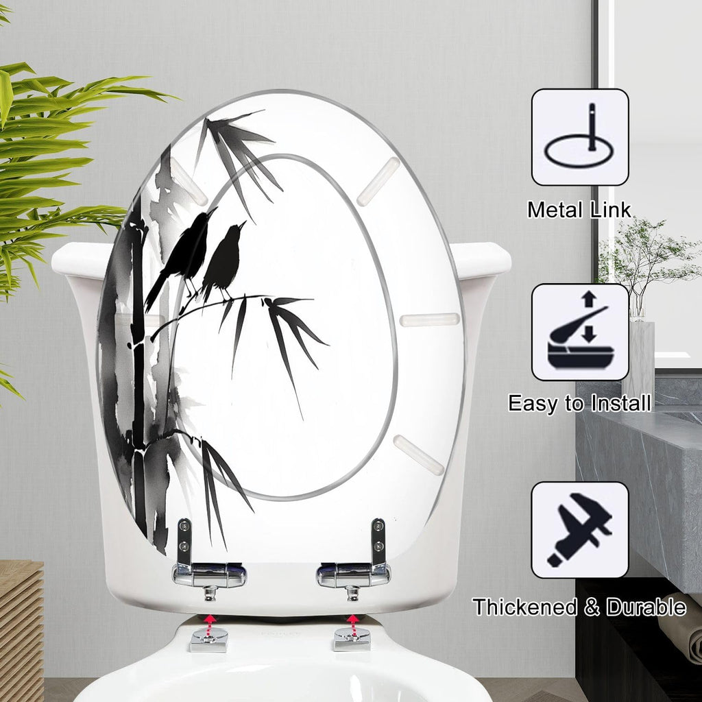 Elongated Toilet Seat Two blackbirds bamboo Traditional oriental ink e hua Hieroglyph Resin Toilet Seat Slow Quiet Close with Quick-Release Hinges Toilet Seat with Cover Easy to Clean Install