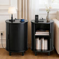 DHH End Table Set of 2 with Storage & Charging Station, Fluted Accent Side Table with Sliding Door & Adjustable Shelf, Mid-Century Nightstand for Small Spaces, Living Room, Bedroom(2, Black)