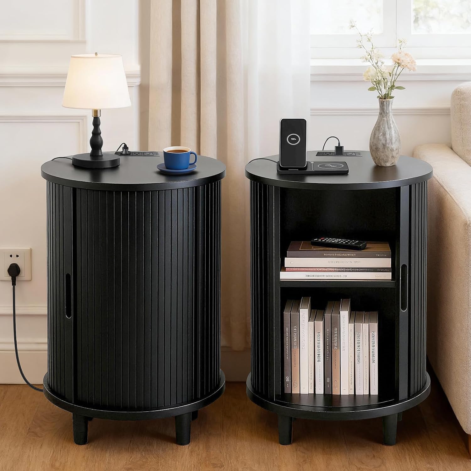 DHH End Table Set of 2 with Storage & Charging Station, Fluted Accent Side Table with Sliding Door & Adjustable Shelf, Mid-Century Nightstand for Small Spaces, Living Room, Bedroom(2, Black)