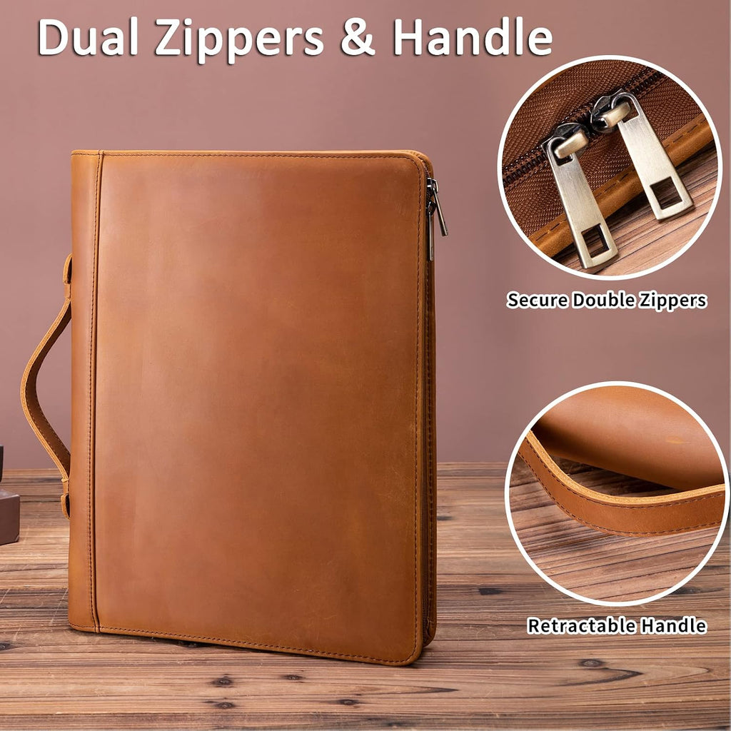 Personalized Genuine Leather Portfolio 3 Ring Binder with Clipboard, Hidden Handle, Custom Engraved 8.5 x 11 Zip Padfolio, Business Professional Organizer for Men Women, Brown