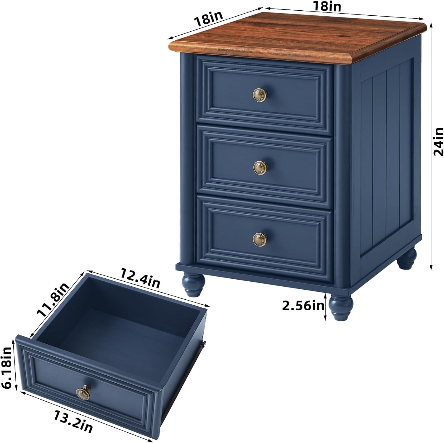 RWYHG 18' Farmhouse Night Stand Set of 2, Blue Wood Nightstand with 3 Drawers, Bedside End Table with Storage and Roman Column, Bed Side Tables Cabinet for Bedroom, Living Room, and Closet