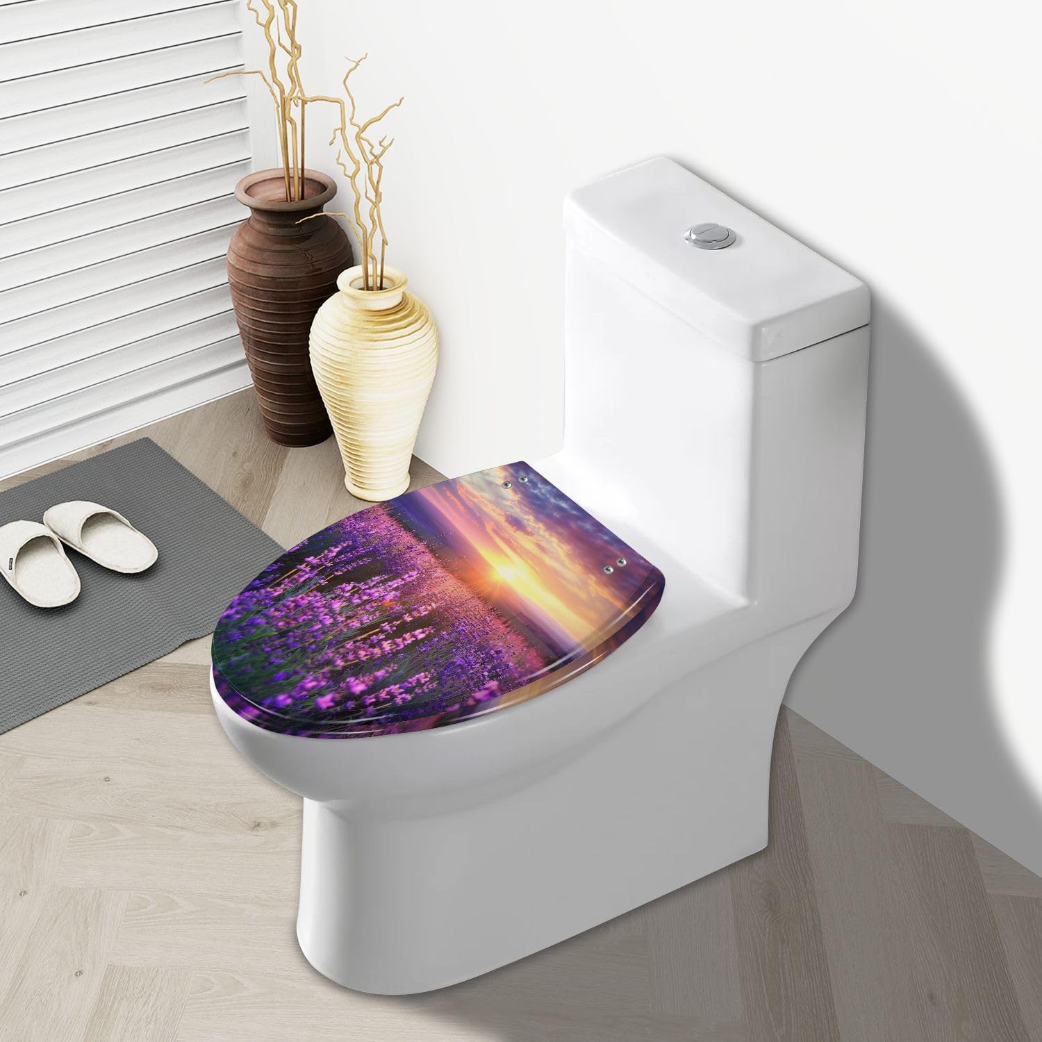 Elongated Toilet Seat Meadow lavender Resin Toilet Seat Slow Quiet Close Lid with Quick-Release Hinges Cover Bumpers Easy to Clean Install