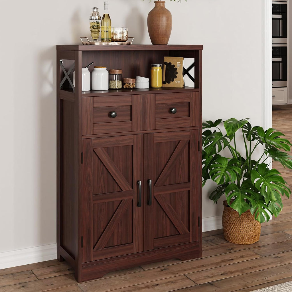 Dark Brown Storage Cabinet with Doors and Shelves - Farmhouse Kitchen Pantry Cabinet with Storage, Coffee Bar Station, Hutch Cupboard for Kitchen, Living Room, Home Office, Dining Room