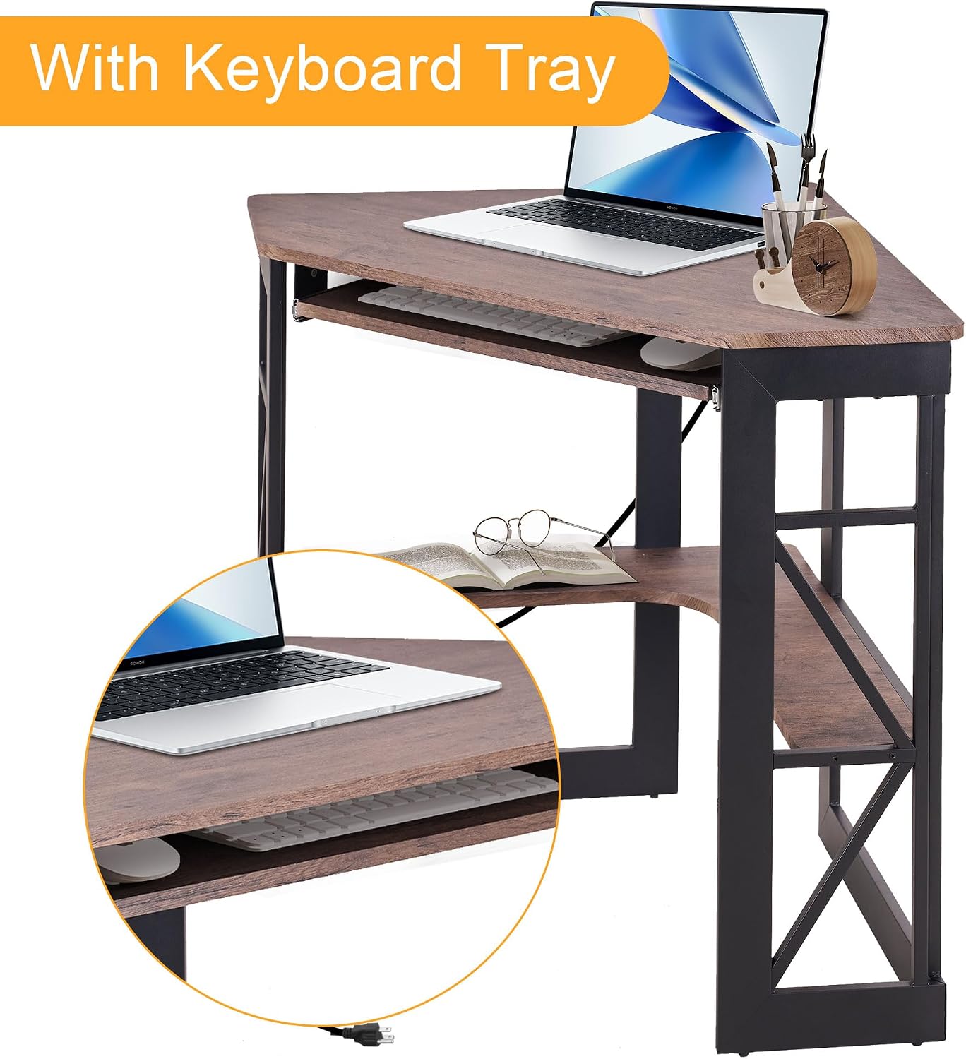 VECELO Corner Desk, Triangle Computer Desk for Small Space with Charging Station and Keyboard Tray, Corner Makeup Table with Storage Shelves for Home Office Bedroom, 41x30, Rustic Brown