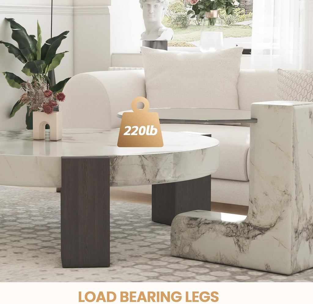 35.43' Modern Round Nesting Coffee Table Set of 2, Faux Marble Texture Surface & C Shape Side Table, Center Coffee Table for Living Room/Apartment/Farmhouse/Studio