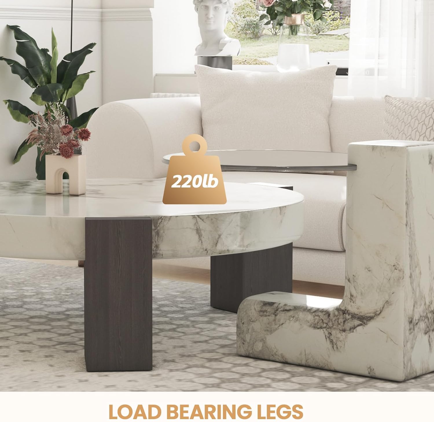 35.43' Modern Round Nesting Coffee Table Set of 2, Faux Marble Texture Surface & C Shape Side Table, Center Coffee Table for Living Room/Apartment/Farmhouse/Studio