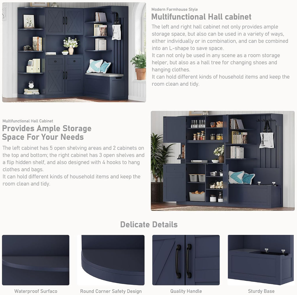 Multifunctional Hall Tree with Shoe Bench & Storage Cabinet,2-in-1 Left-Right L-Shaped Corner Entryway Cabinets with Coat Rack & Open Shelves,Modern Storage Organizer for,Living Room (Antique Blue)