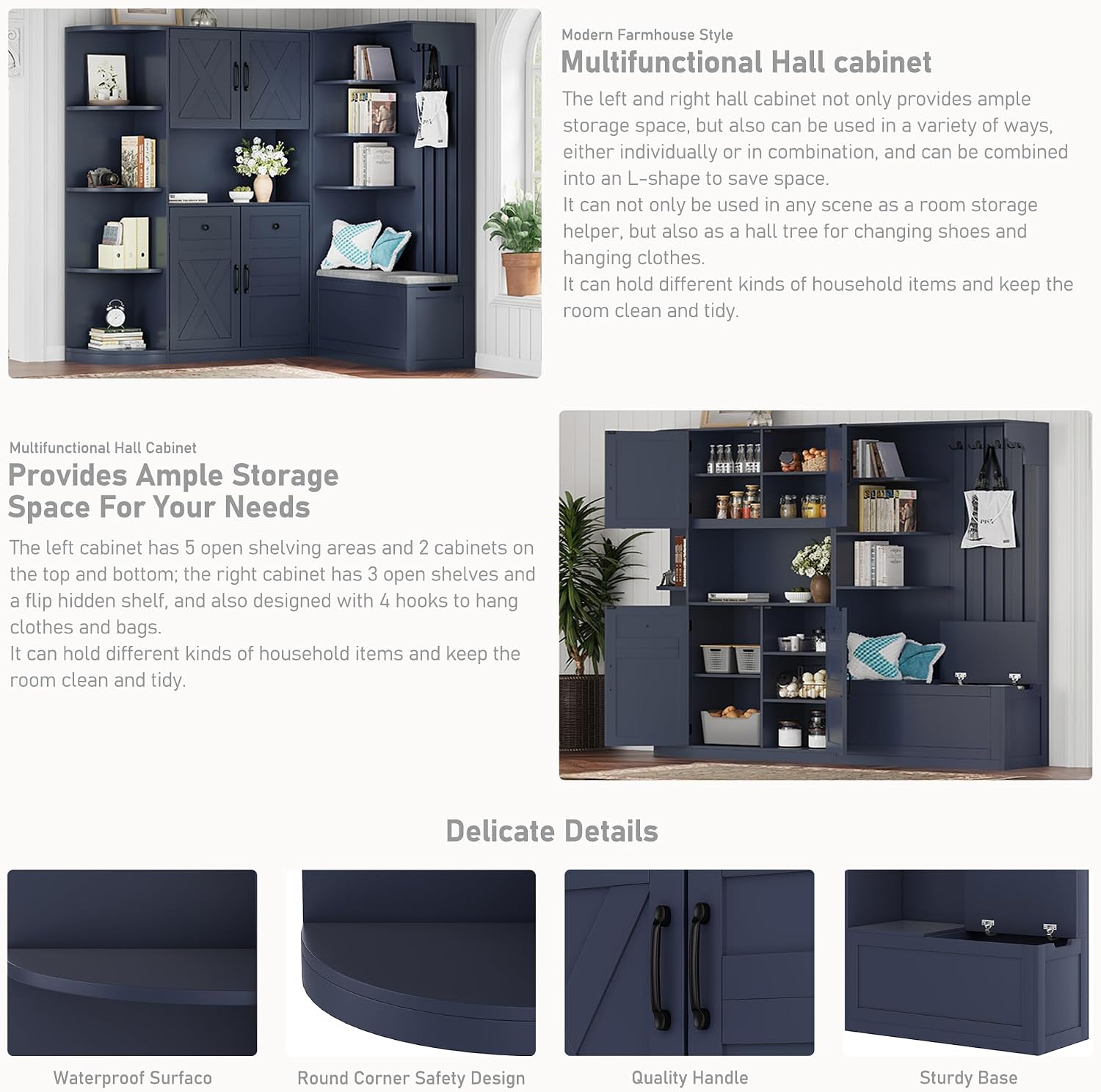 Multifunctional Hall Tree with Shoe Bench & Storage Cabinet,2-in-1 Left-Right L-Shaped Corner Entryway Cabinets with Coat Rack & Open Shelves,Modern Storage Organizer for,Living Room (Antique Blue)