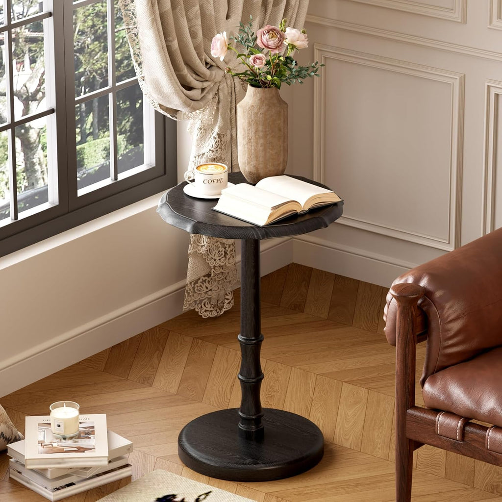 100% Solid Wood Round Pedestal Side Table, Vintage End Table for Living Room Bedroom, Heavy-Duty Antique Accent Table for Corner Spaces, Small Bedside Nightstand, 5-Min Assembly, Black