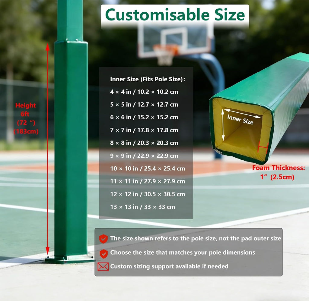 Custom Square Basketball Pole Pad for 6x6 7x7 8x8 9x9 Posts, Thick Foam Impact Padding with Hook & Loop, Waterproof Safety Guard for Driveway