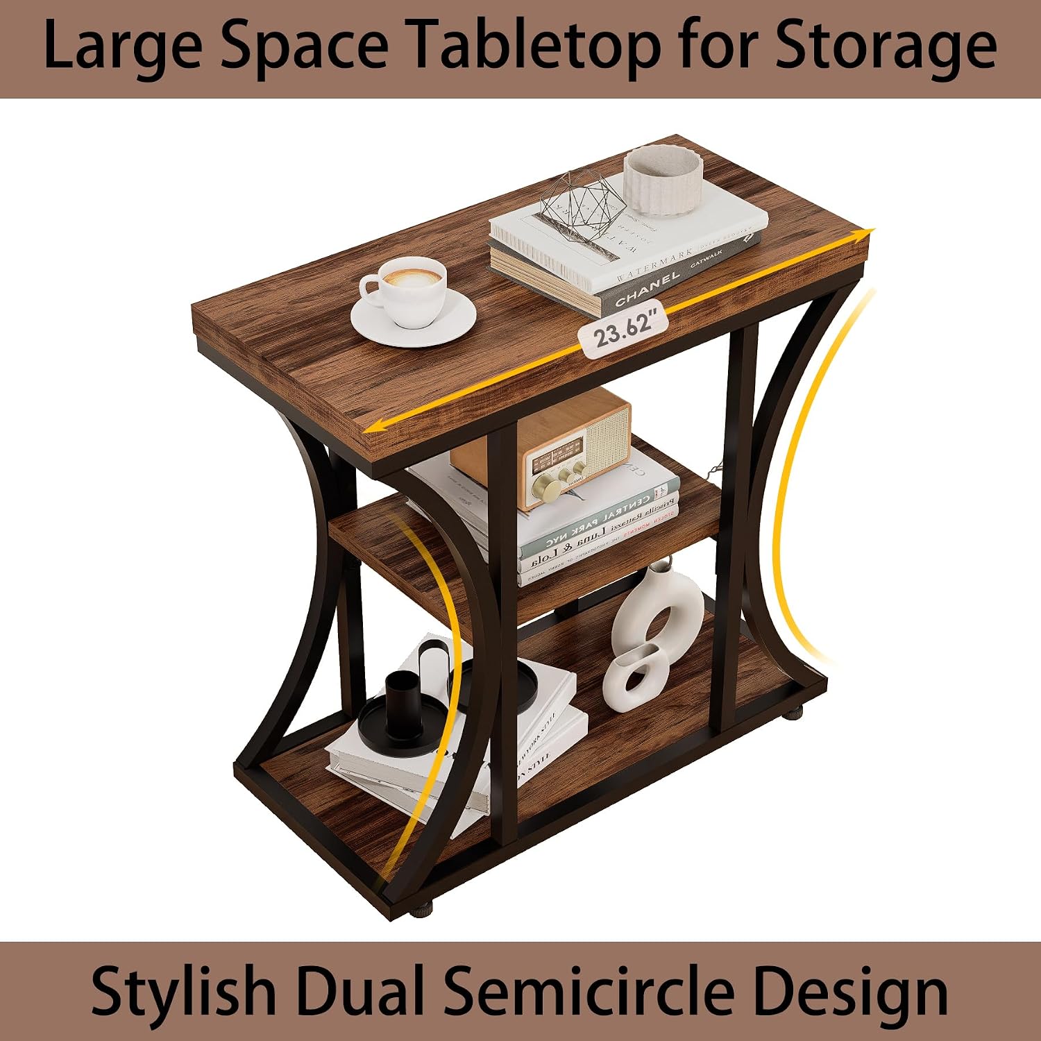 3-Tier End Table, Rustic Nightstand with Storage Shelves, Narrow Side Table for Living Room, Bedroom, Small Spaces – Wood and Metal Accent Table(Set of 2) (2, Rustic Brown)