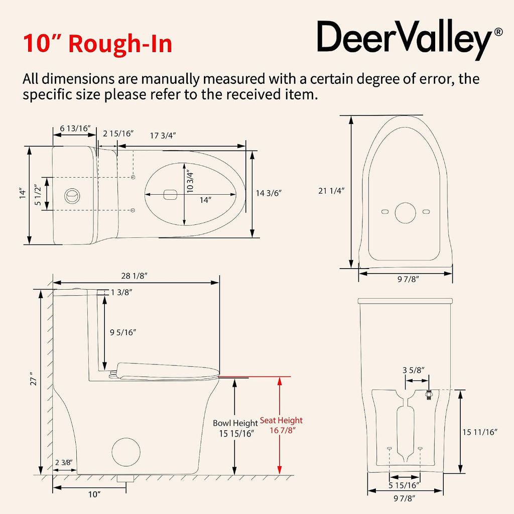 DeerValley Elongated One Piece Toilet with Efficient Dual Flush 1.1/1.6 GPF | Standard Height Toilet Bowl, Durable Ceramic, Slow Close Seat, Skirted Design 10' Rough-In Toilet for Bathroom DV-1F026R