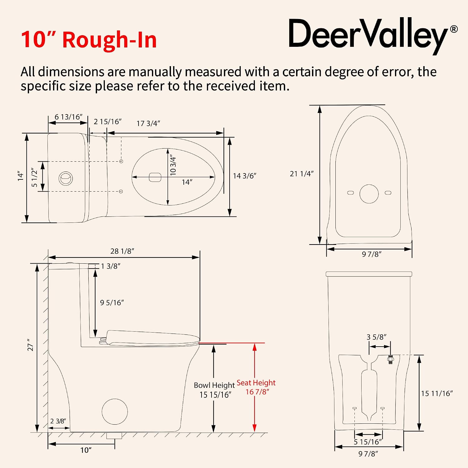 DeerValley Elongated One Piece Toilet with Efficient Dual Flush 1.1/1.6 GPF | Standard Height Toilet Bowl, Durable Ceramic, Slow Close Seat, Skirted Design 10' Rough-In Toilet for Bathroom DV-1F026R